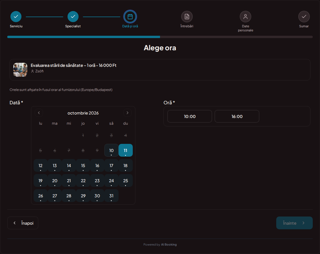 Sistem de programări pentru kinetoterapeuți – Calendar de programări de kinetoterapie cu intervale libere pentru serviciul ales Sistem de programări pentru kinetoterapeuți – Calendar de programări de kinetoterapie cu intervale libere pentru serviciul ales
