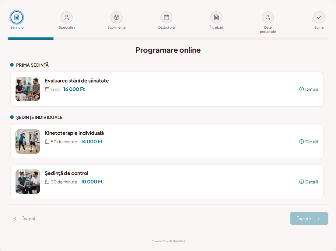 Sistem de programări pentru kinetoterapeuți – Evaluarea stării de sănătate, Kinetoterapie individuală, Ședință de control cu prețuri, durată și categorii Sistem de programări pentru kinetoterapeuți – Evaluarea stării de sănătate, Kinetoterapie individuală, Ședință de control cu prețuri, durată și categorii
