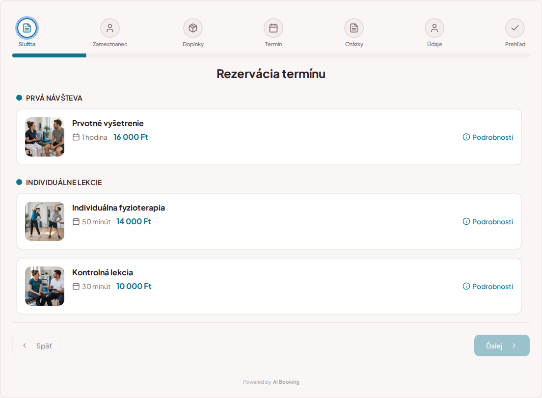 Systém rezervácie termínov pre fyzioterapeutov – Prvotné vyšetrenie, Individuálna fyzioterapia, Kontrolné sedenie s cenami, dĺžkou a kategóriami Systém rezervácie termínov pre fyzioterapeutov – Prvotné vyšetrenie, Individuálna fyzioterapia, Kontrolné sedenie s cenami, dĺžkou a kategóriami