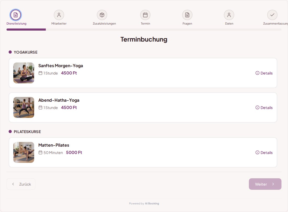 Terminbuchungssystem für Yoga- und Pilateskurse – Sanftes Morgen-Yoga, Abend-Hatha-Yoga, Matten-Pilates mit Preisen, Dauer und Kategorien