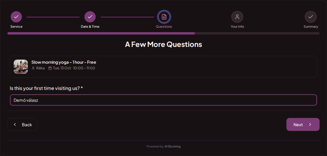 Booking system for yoga and pilates classes – Yoga class pre-booking question: Is this your first time visiting us? Booking system for yoga and pilates classes – Yoga class pre-booking question: Is this your first time visiting us?