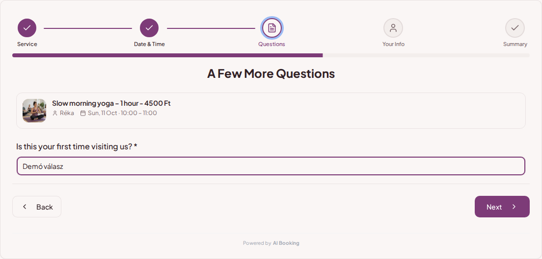Booking system for yoga and pilates classes – Yoga class pre-booking question: Is this your first time visiting us? Booking system for yoga and pilates classes – Yoga class pre-booking question: Is this your first time visiting us?