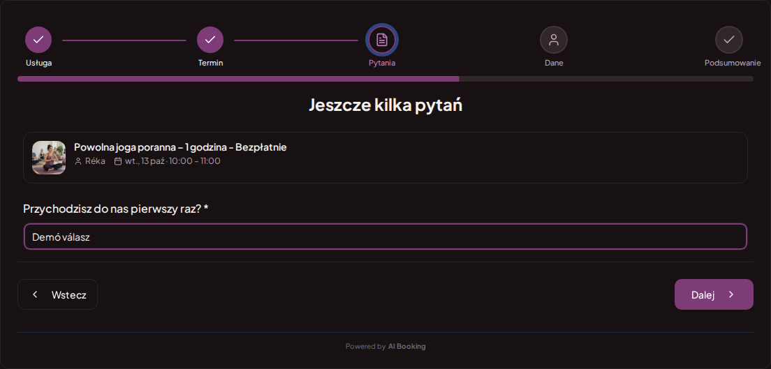System rezerwacji zajęć jogi i pilatesu – Pytanie wstępne przy rezerwacji jogi: Przychodzisz do nas pierwszy raz? System rezerwacji zajęć jogi i pilatesu – Pytanie wstępne przy rezerwacji jogi: Przychodzisz do nas pierwszy raz?