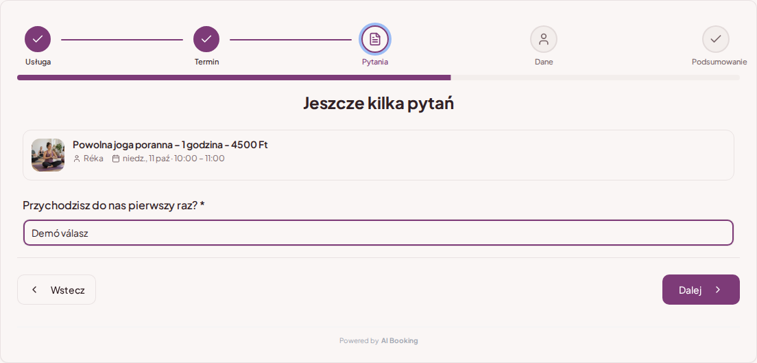 System rezerwacji zajęć jogi i pilatesu – Pytanie wstępne przy rezerwacji jogi: Przychodzisz do nas pierwszy raz? System rezerwacji zajęć jogi i pilatesu – Pytanie wstępne przy rezerwacji jogi: Przychodzisz do nas pierwszy raz?