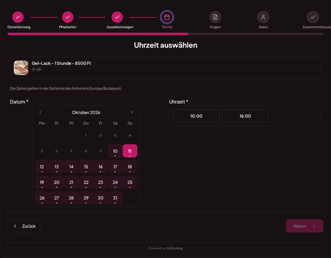 Online-Terminbuchung für Nagelstudios – Kalender und freie Termine für die gewählte Nagelbehandlung Online-Terminbuchung für Nagelstudios – Kalender und freie Termine für die gewählte Nagelbehandlung
