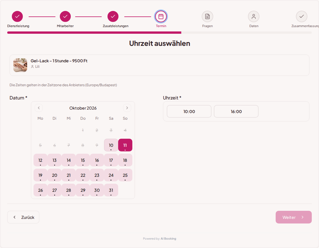 Online-Terminbuchung für Nagelstudios – Kalender und freie Termine für die gewählte Nagelbehandlung Online-Terminbuchung für Nagelstudios – Kalender und freie Termine für die gewählte Nagelbehandlung