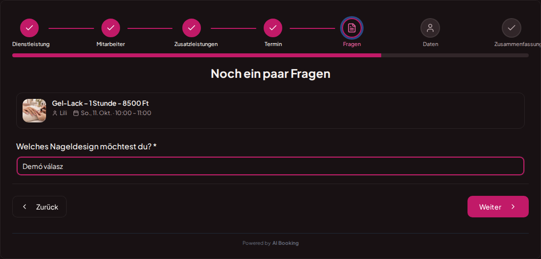 Online-Terminbuchung für Nagelstudios – Wünsche zum Nageldesign im Fragefeld der Terminbuchung Online-Terminbuchung für Nagelstudios – Wünsche zum Nageldesign im Fragefeld der Terminbuchung