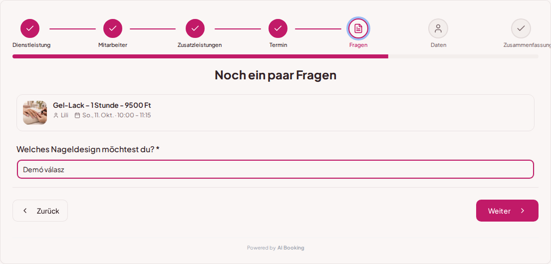 Online-Terminbuchung für Nagelstudios – Wünsche zum Nageldesign im Fragefeld der Terminbuchung Online-Terminbuchung für Nagelstudios – Wünsche zum Nageldesign im Fragefeld der Terminbuchung
