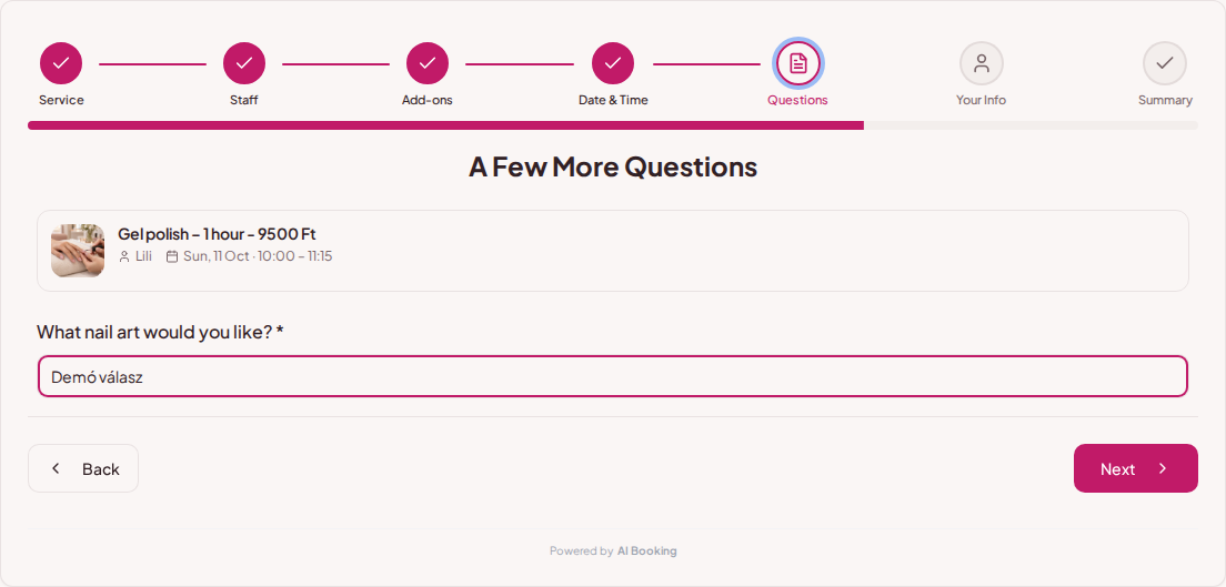 Online booking for nail salons – Nail art preferences entered in the booking question field Online booking for nail salons – Nail art preferences entered in the booking question field