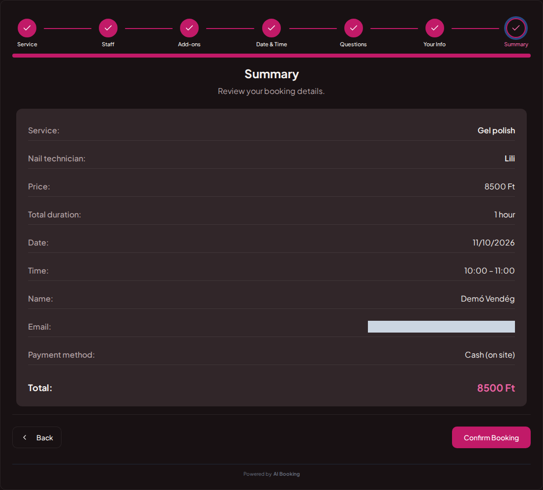 Online booking for nail salons – Nail treatment booking summary with technician, appointment and total price Online booking for nail salons – Nail treatment booking summary with technician, appointment and total price