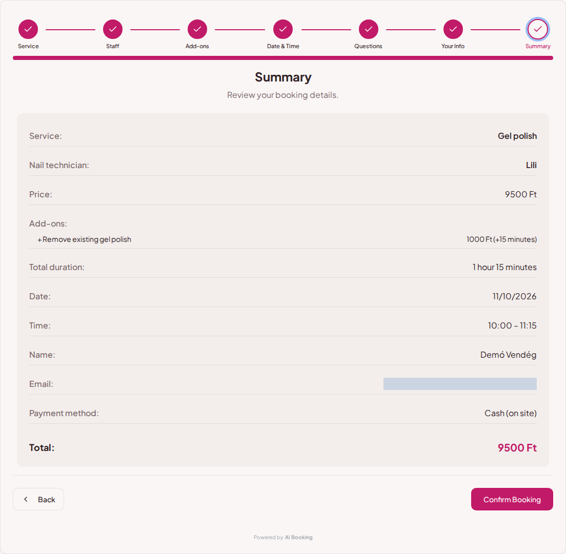 Online booking for nail salons – Nail treatment booking summary with technician, appointment and total price Online booking for nail salons – Nail treatment booking summary with technician, appointment and total price