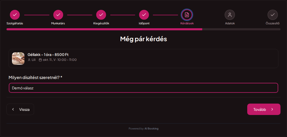 Online időpontfoglaló körmösöknek – Körömdíszítési igény megadása a foglaló kérdésmezőjében