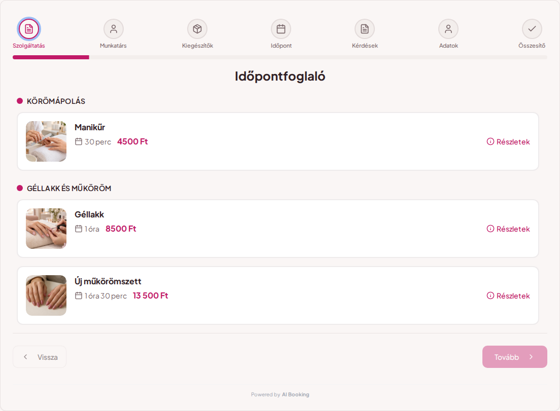 Online időpontfoglaló körmösöknek – Géllakk, manikűr és műkörömépítés képekkel, árakkal és kezelési idővel