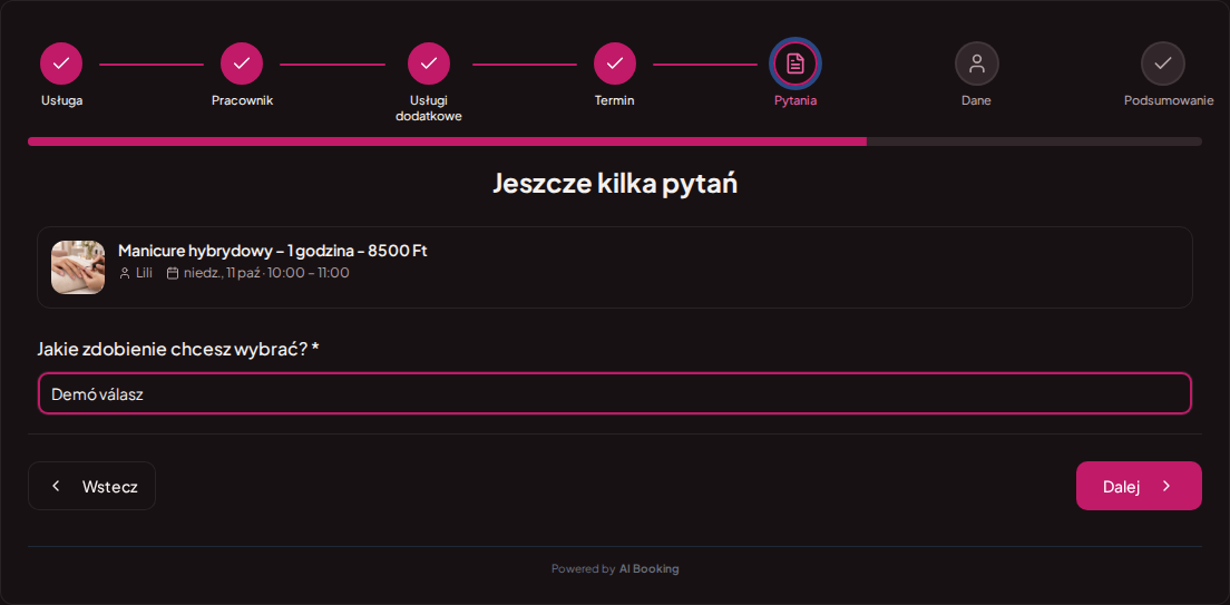 Rezerwacje online dla salonów paznokci – Preferencje zdobienia paznokci w polu pytania formularza rezerwacji Rezerwacje online dla salonów paznokci – Preferencje zdobienia paznokci w polu pytania formularza rezerwacji