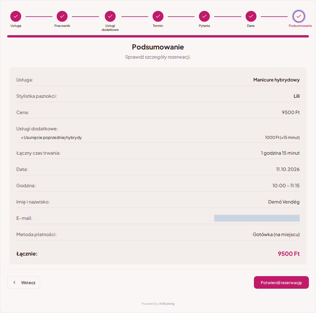 Rezerwacje online dla salonów paznokci – Podsumowanie rezerwacji zabiegu ze stylistką, terminem i ceną całkowitą Rezerwacje online dla salonów paznokci – Podsumowanie rezerwacji zabiegu ze stylistką, terminem i ceną całkowitą