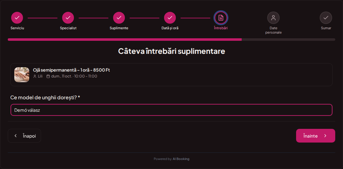 Programări online pentru saloane de unghii – Preferințe pentru decorarea unghiilor în câmpul de întrebări al rezervării Programări online pentru saloane de unghii – Preferințe pentru decorarea unghiilor în câmpul de întrebări al rezervării