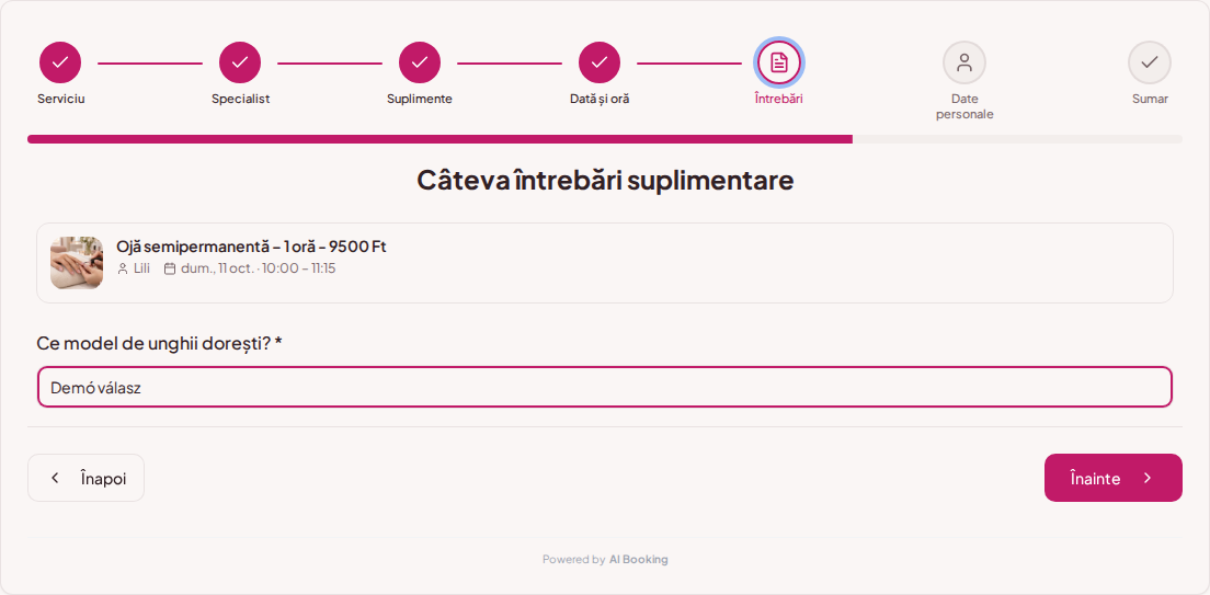 Programări online pentru saloane de unghii – Preferințe pentru decorarea unghiilor în câmpul de întrebări al rezervării Programări online pentru saloane de unghii – Preferințe pentru decorarea unghiilor în câmpul de întrebări al rezervării
