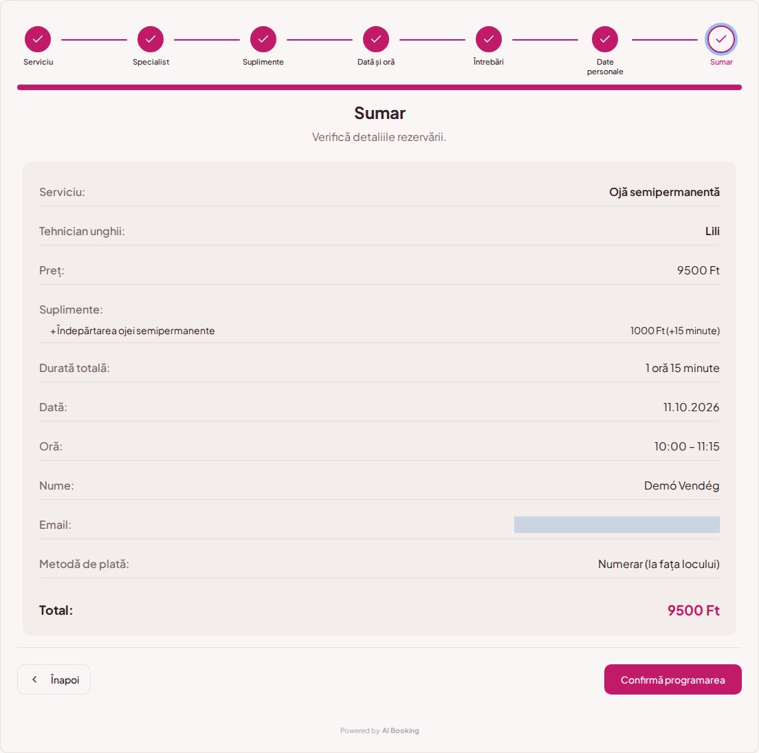 Programări online pentru saloane de unghii – Rezumatul rezervării tratamentului cu tehnician, oră și preț total Programări online pentru saloane de unghii – Rezumatul rezervării tratamentului cu tehnician, oră și preț total