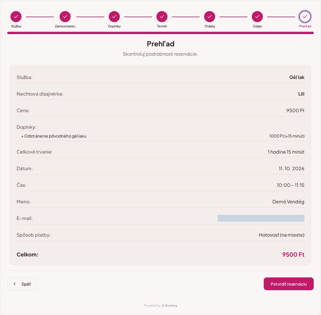 Online rezervácie pre nechtové salóny – Súhrn rezervácie ošetrenia nechtov s dizajnérkou, termínom a celkovou cenou Online rezervácie pre nechtové salóny – Súhrn rezervácie ošetrenia nechtov s dizajnérkou, termínom a celkovou cenou