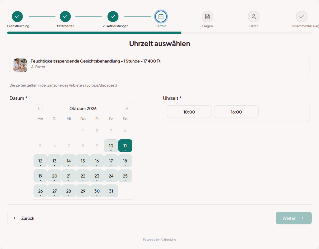 Terminbuchungssystem für Kosmetiker – Buchungskalender für kosmetische Behandlungen mit freien Terminen für den gewählten Service Terminbuchungssystem für Kosmetiker – Buchungskalender für kosmetische Behandlungen mit freien Terminen für den gewählten Service