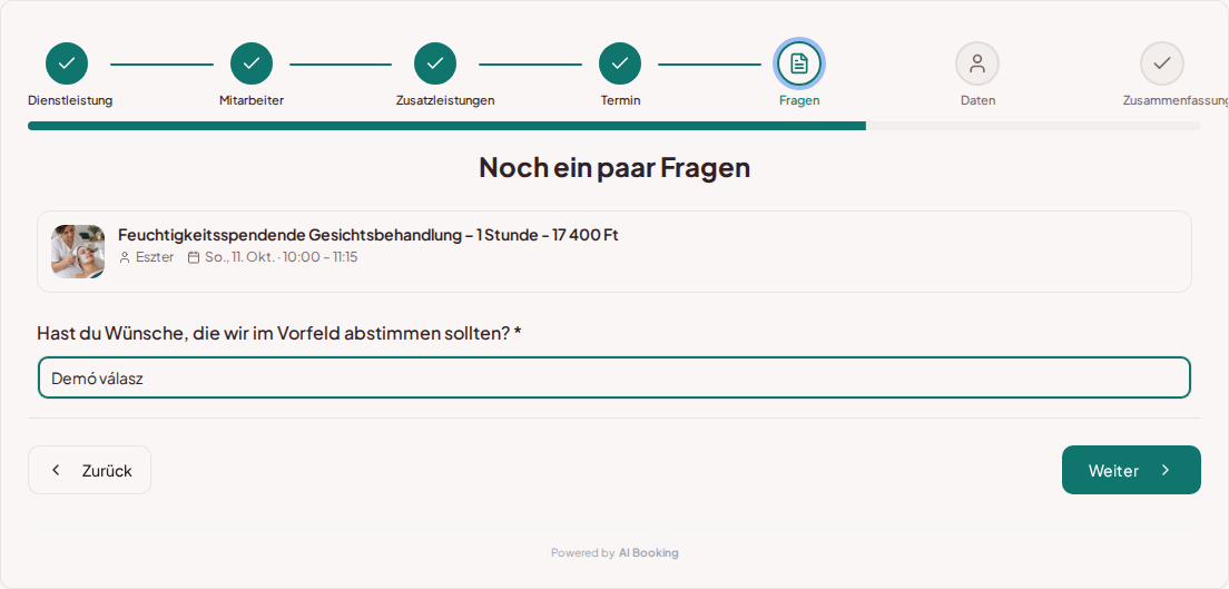 Terminbuchungssystem für Kosmetiker – Vorabfrage zur kosmetischen Behandlung: Hast du Wünsche, die wir im Vorfeld abstimmen sollten? Terminbuchungssystem für Kosmetiker – Vorabfrage zur kosmetischen Behandlung: Hast du Wünsche, die wir im Vorfeld abstimmen sollten?