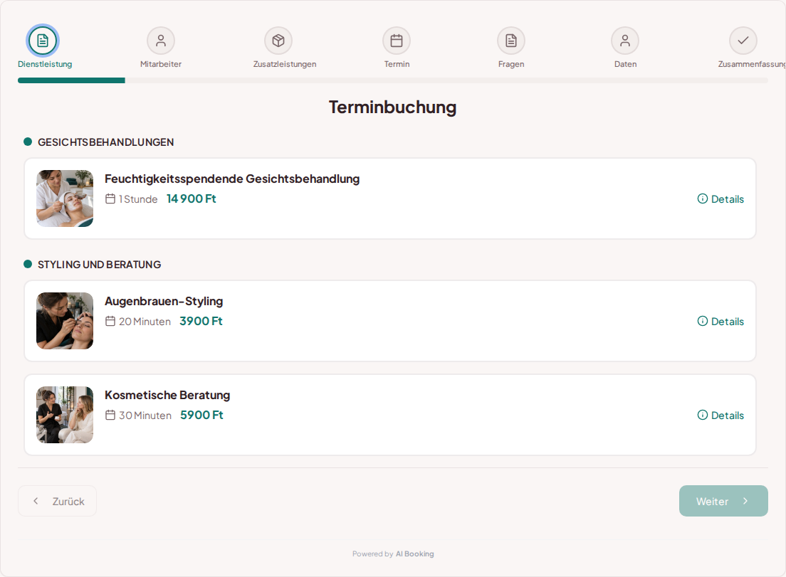 Terminbuchungssystem für Kosmetiker – Feuchtigkeitsspendende Gesichtsbehandlung, Augenbrauen-Styling, Kosmetische Beratung mit Preisen, Dauer und Kategorien Terminbuchungssystem für Kosmetiker – Feuchtigkeitsspendende Gesichtsbehandlung, Augenbrauen-Styling, Kosmetische Beratung mit Preisen, Dauer und Kategorien