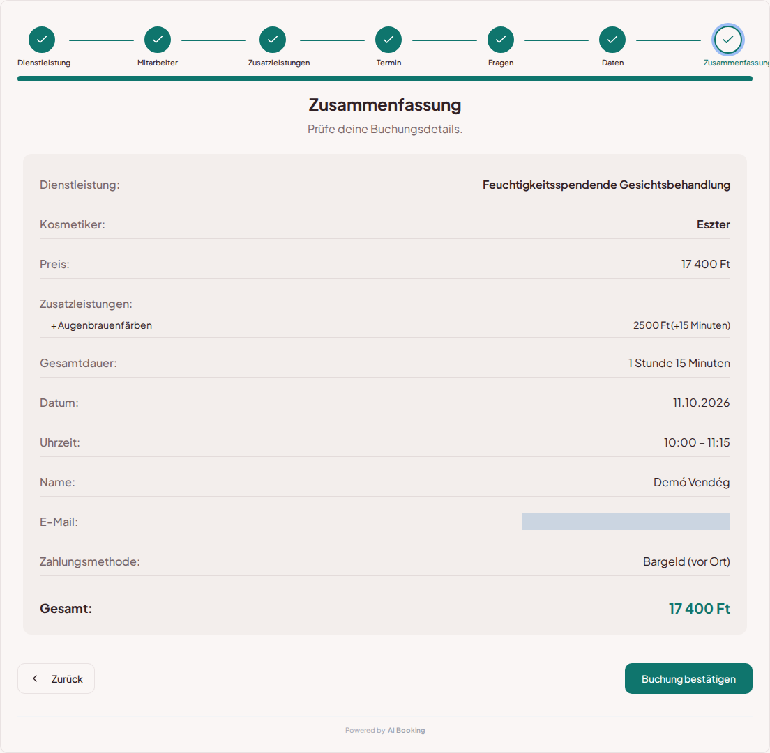 Terminbuchungssystem für Kosmetiker – Zusammenfassung der Kosmetik-Buchung mit Service, Fachkraft, Termin und Preis Terminbuchungssystem für Kosmetiker – Zusammenfassung der Kosmetik-Buchung mit Service, Fachkraft, Termin und Preis