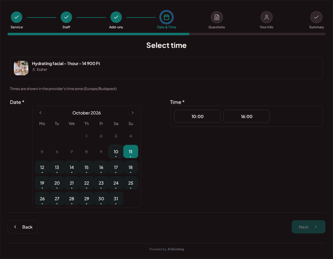 Appointment booking system for beauticians – Beauty treatment booking calendar with available slots for the chosen service Appointment booking system for beauticians – Beauty treatment booking calendar with available slots for the chosen service