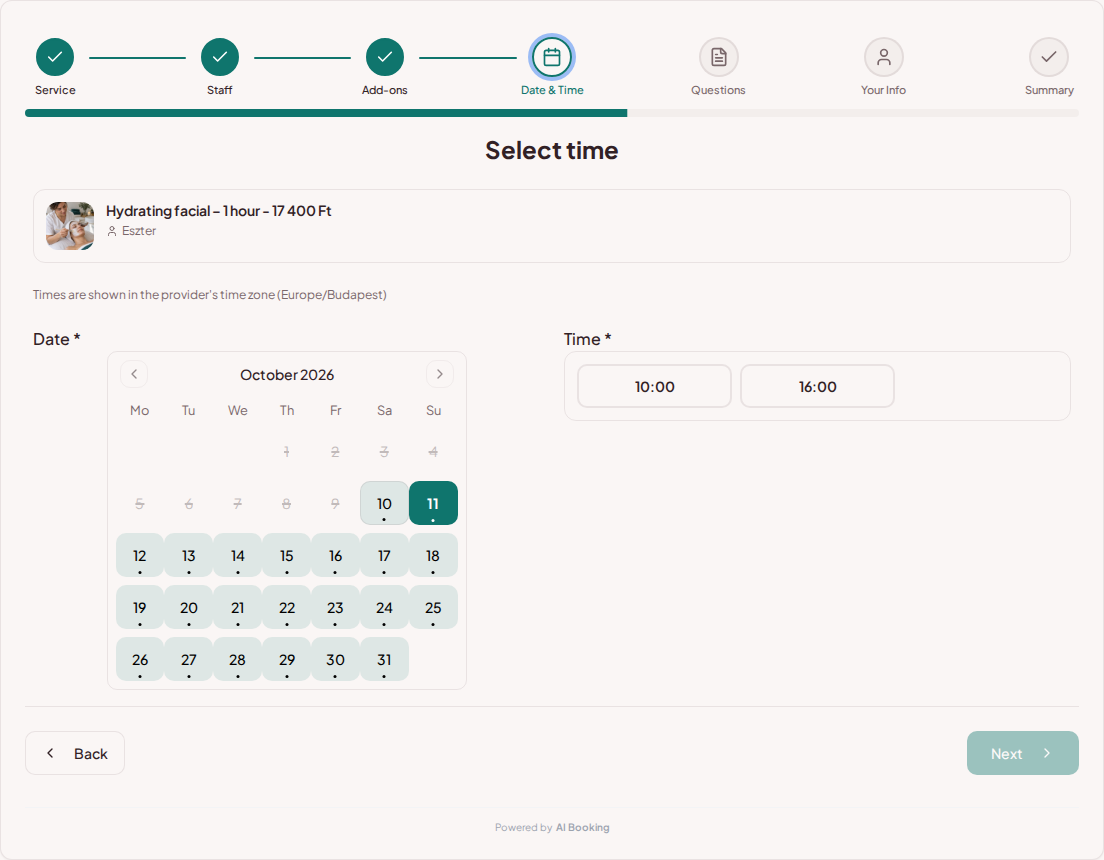 Appointment booking system for beauticians – Beauty treatment booking calendar with available slots for the chosen service Appointment booking system for beauticians – Beauty treatment booking calendar with available slots for the chosen service
