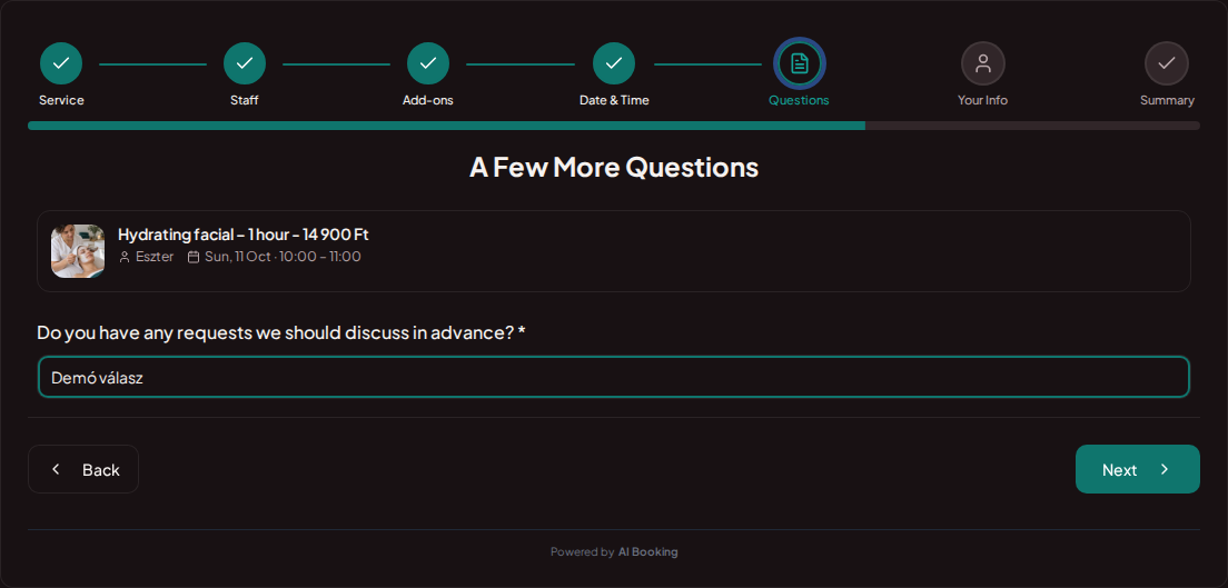 Appointment booking system for beauticians – Beauty treatment pre-booking question: Do you have any requests we should discuss in advance? Appointment booking system for beauticians – Beauty treatment pre-booking question: Do you have any requests we should discuss in advance?