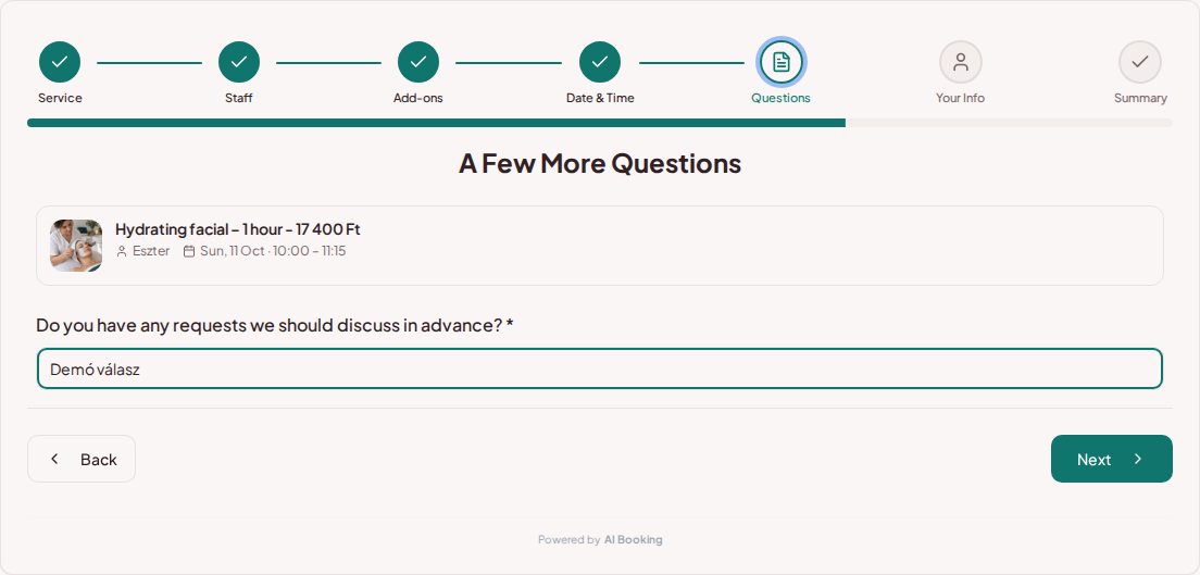 Appointment booking system for beauticians – Beauty treatment pre-booking question: Do you have any requests we should discuss in advance? Appointment booking system for beauticians – Beauty treatment pre-booking question: Do you have any requests we should discuss in advance?