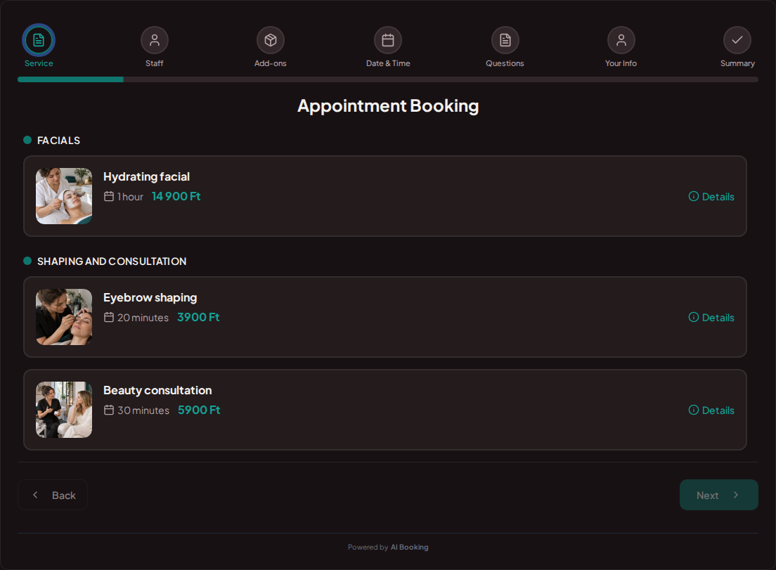 Appointment booking system for beauticians – Hydrating facial, Eyebrow shaping, Beauty consultation with prices, duration, and categories Appointment booking system for beauticians – Hydrating facial, Eyebrow shaping, Beauty consultation with prices, duration, and categories