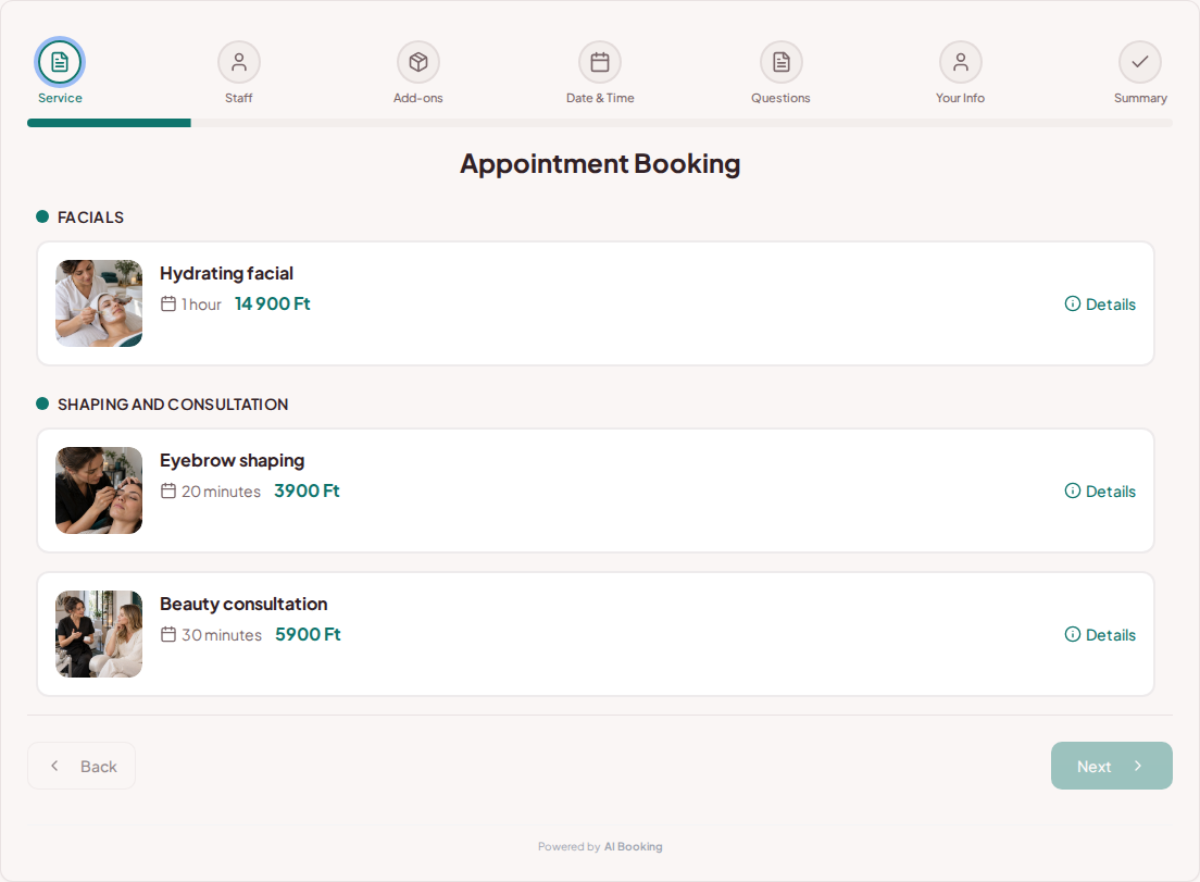 Appointment booking system for beauticians – Hydrating facial, Eyebrow shaping, Beauty consultation with prices, duration, and categories Appointment booking system for beauticians – Hydrating facial, Eyebrow shaping, Beauty consultation with prices, duration, and categories