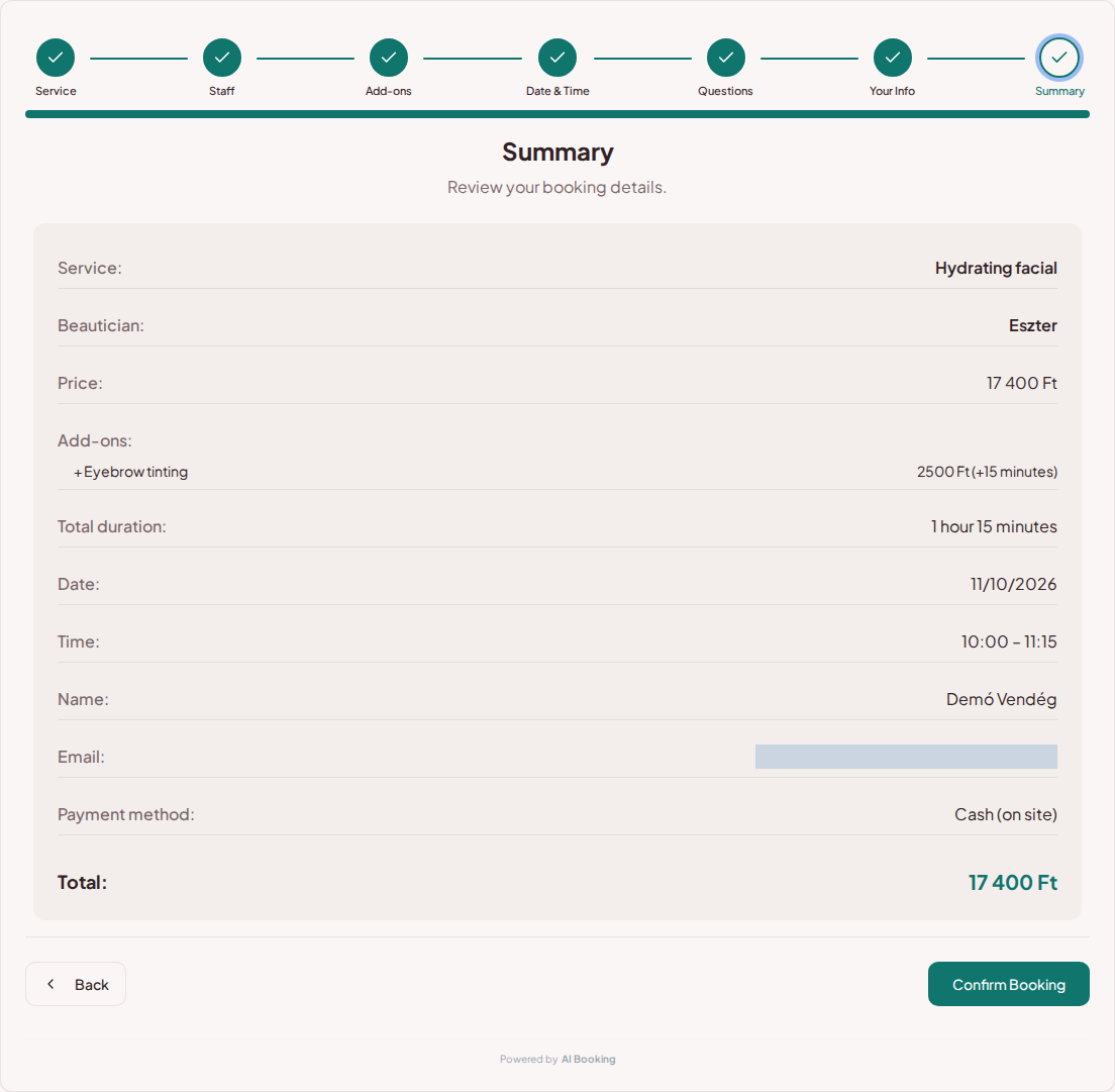 Appointment booking system for beauticians – Beauty booking summary with service, professional, date, and fee Appointment booking system for beauticians – Beauty booking summary with service, professional, date, and fee