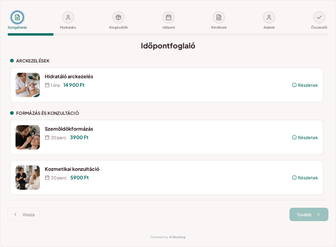Időpontfoglaló rendszer kozmetikusoknak – Hidratáló arckezelés, Szemöldökformázás, Kozmetikai konzultáció árakkal, időtartammal és kategóriákkal