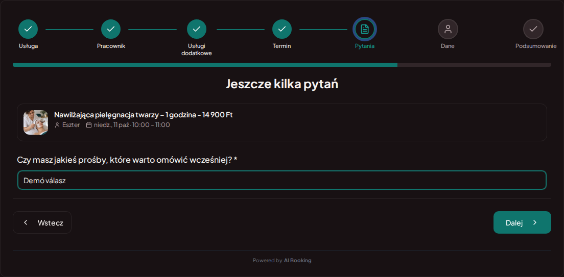 System rezerwacji dla kosmetyczek – Pytanie wstępne przy rezerwacji zabiegu kosmetycznego: Czy masz jakieś prośby, które warto omówić wcześniej? System rezerwacji dla kosmetyczek – Pytanie wstępne przy rezerwacji zabiegu kosmetycznego: Czy masz jakieś prośby, które warto omówić wcześniej?