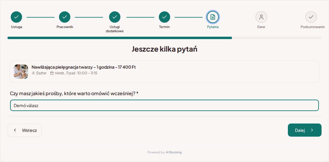 System rezerwacji dla kosmetyczek – Pytanie wstępne przy rezerwacji zabiegu kosmetycznego: Czy masz jakieś prośby, które warto omówić wcześniej? System rezerwacji dla kosmetyczek – Pytanie wstępne przy rezerwacji zabiegu kosmetycznego: Czy masz jakieś prośby, które warto omówić wcześniej?