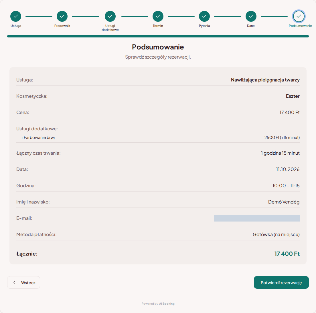 System rezerwacji dla kosmetyczek – Podsumowanie rezerwacji kosmetycznej z usługą, specjalistą, terminem i ceną System rezerwacji dla kosmetyczek – Podsumowanie rezerwacji kosmetycznej z usługą, specjalistą, terminem i ceną