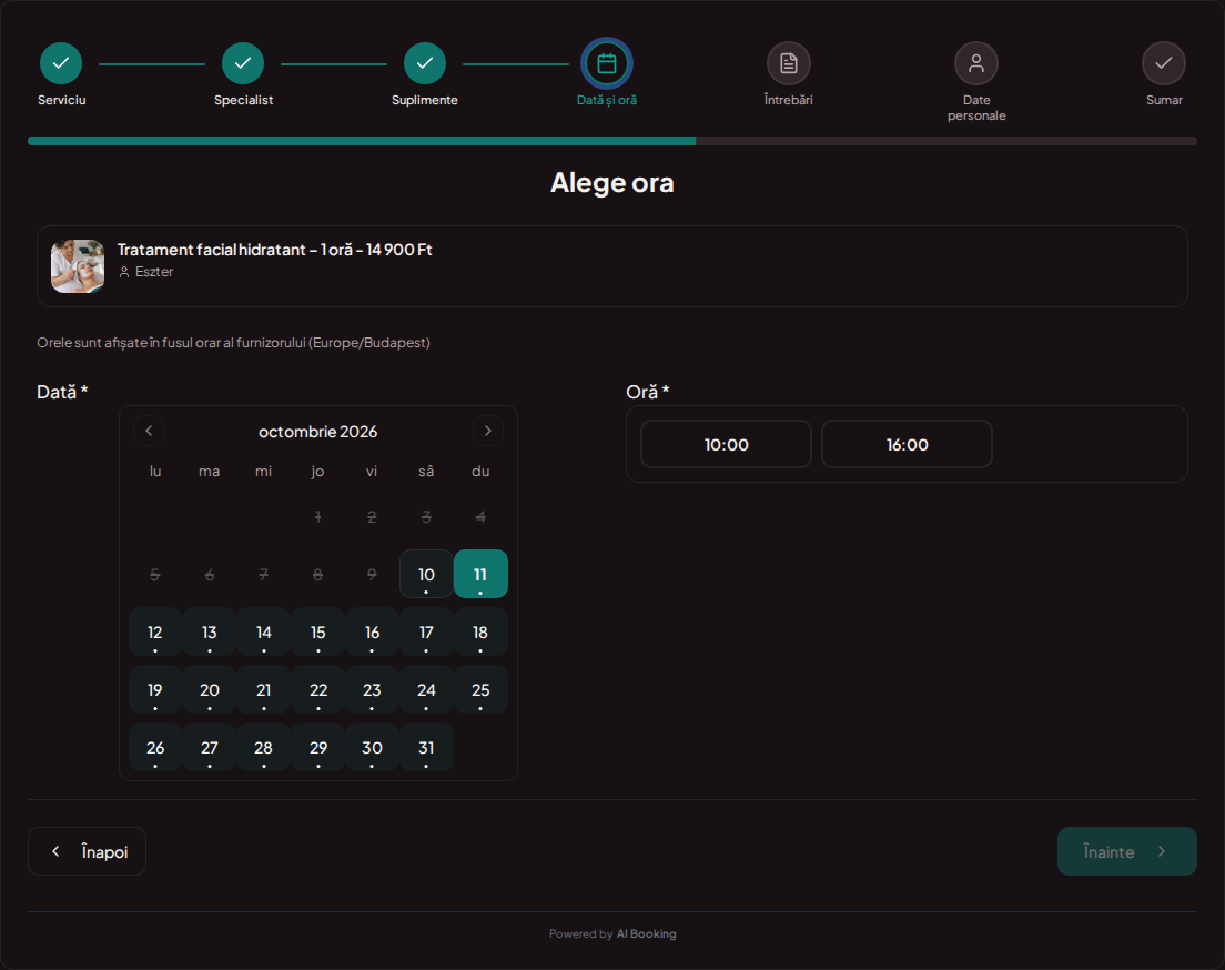 Sistem de programări pentru cosmeticiene – Calendar de programări pentru tratamente cosmetice cu intervale libere pentru serviciul ales Sistem de programări pentru cosmeticiene – Calendar de programări pentru tratamente cosmetice cu intervale libere pentru serviciul ales