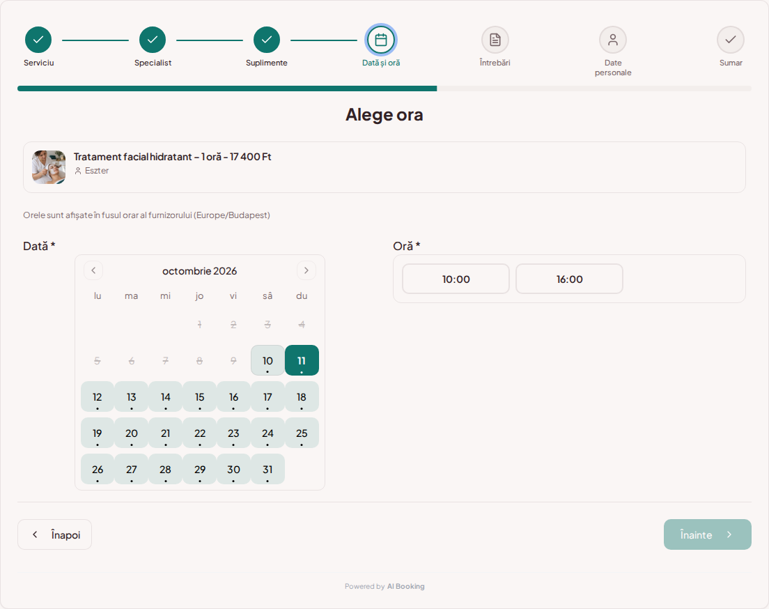 Sistem de programări pentru cosmeticiene – Calendar de programări pentru tratamente cosmetice cu intervale libere pentru serviciul ales Sistem de programări pentru cosmeticiene – Calendar de programări pentru tratamente cosmetice cu intervale libere pentru serviciul ales