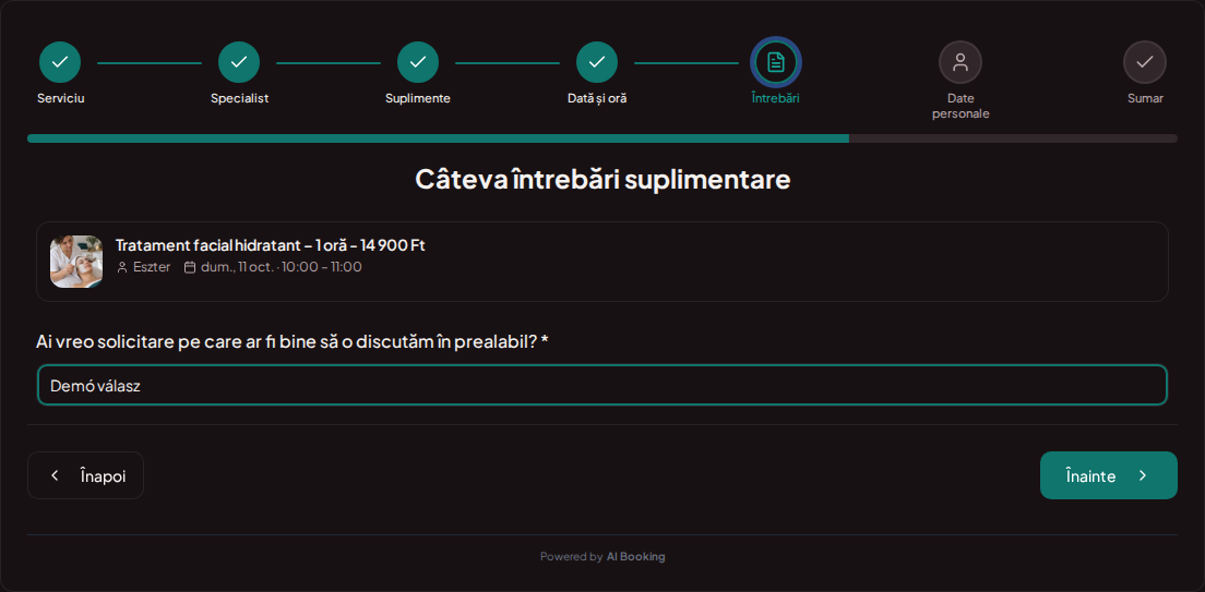 Sistem de programări pentru cosmeticiene – Întrebare de rezervare prealabilă pentru tratament cosmetic: Ai vreo solicitare pe care ar fi bine să o discutăm în prealabil? Sistem de programări pentru cosmeticiene – Întrebare de rezervare prealabilă pentru tratament cosmetic: Ai vreo solicitare pe care ar fi bine să o discutăm în prealabil?