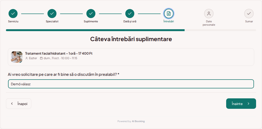 Sistem de programări pentru cosmeticiene – Întrebare de rezervare prealabilă pentru tratament cosmetic: Ai vreo solicitare pe care ar fi bine să o discutăm în prealabil? Sistem de programări pentru cosmeticiene – Întrebare de rezervare prealabilă pentru tratament cosmetic: Ai vreo solicitare pe care ar fi bine să o discutăm în prealabil?