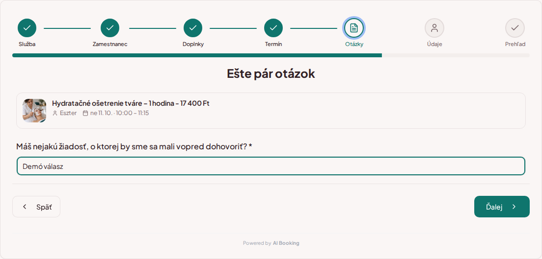 Systém na rezerváciu termínov pre kozmetičky – Predrezervačná otázka pre kozmetické ošetrenie: Máš nejakú žiadosť, o ktorej by sme sa mali vopred dohovoriť? Systém na rezerváciu termínov pre kozmetičky – Predrezervačná otázka pre kozmetické ošetrenie: Máš nejakú žiadosť, o ktorej by sme sa mali vopred dohovoriť?
