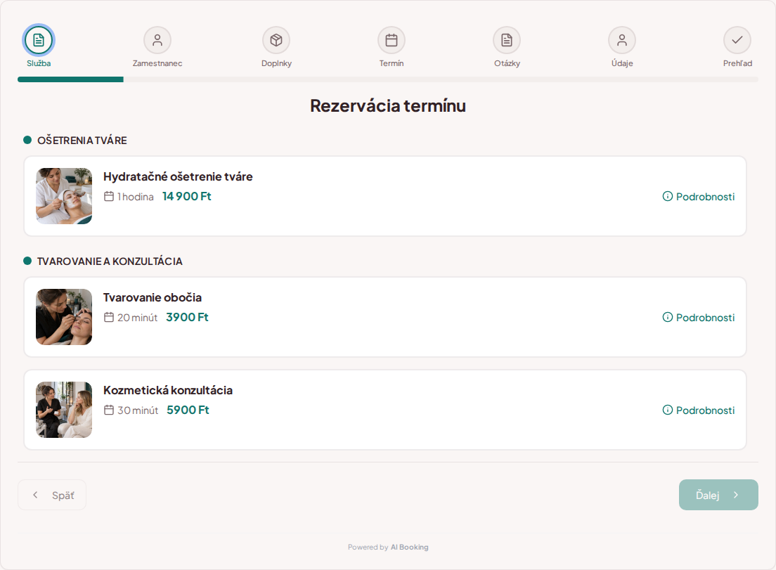 Systém na rezerváciu termínov pre kozmetičky – Hydratačné ošetrenie tváre, Tvarovanie obočia, Kozmetická konzultácia s cenami, dĺžkou a kategóriami Systém na rezerváciu termínov pre kozmetičky – Hydratačné ošetrenie tváre, Tvarovanie obočia, Kozmetická konzultácia s cenami, dĺžkou a kategóriami