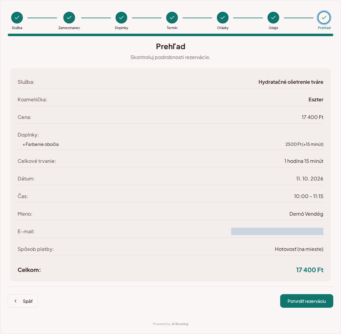 Systém na rezerváciu termínov pre kozmetičky – Zhrnutie kozmetickej rezervácie so službou, odborníkom, termínom a cenou Systém na rezerváciu termínov pre kozmetičky – Zhrnutie kozmetickej rezervácie so službou, odborníkom, termínom a cenou