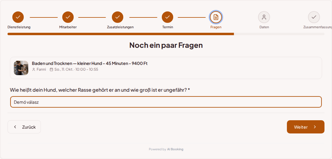 Terminbuchungssystem für Hundefriseure – Vorabfrage zur Hundepflege-Buchung: Wie heißt dein Hund, welche Rasse und welche ungefähre Größe hat er?