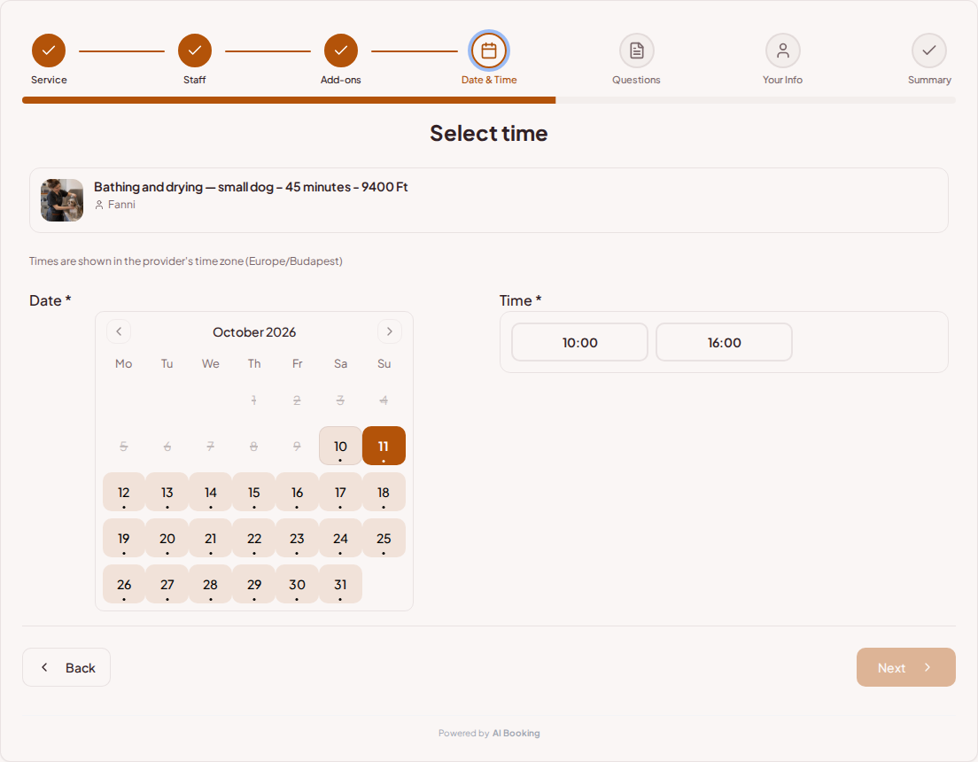 Appointment booking system for dog groomers – Dog grooming booking calendar with available slots for the selected service