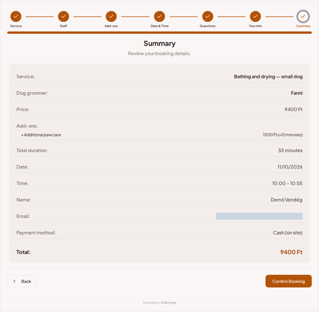 Appointment booking system for dog groomers – Dog grooming booking summary with service, professional, time, and fee