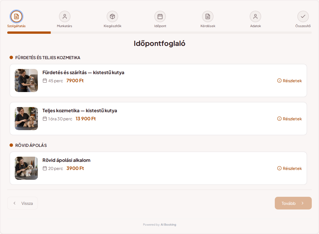 Időpontfoglaló rendszer kutyakozmetikához – Fürdetés és szárítás — kistestű kutya, Teljes kozmetika — kistestű kutya, Rövid ápolási alkalom árakkal, időtartammal és kategóriákkal