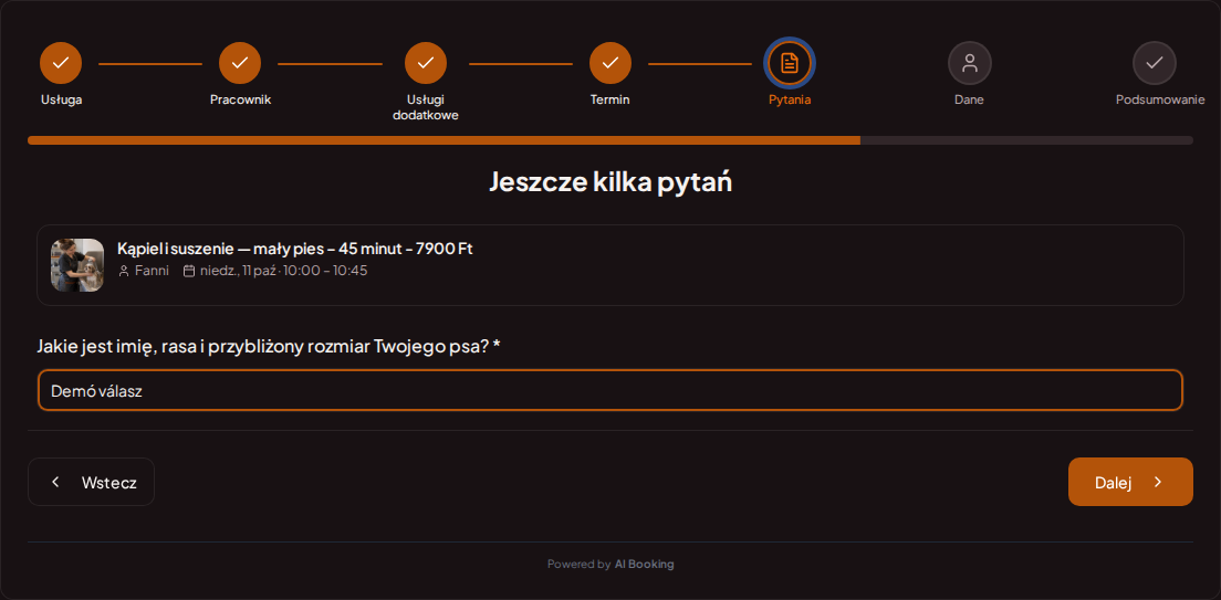 System rezerwacji dla groomerów – Pytanie przy wstępnej rezerwacji pielęgnacji psa: Jak nazywa się Twój pies, jaka jest jego rasa i przybliżony rozmiar?